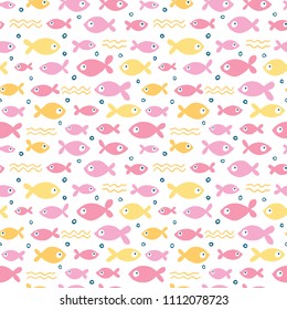 Seamless pattern with cute fishes in pink and yellow tones.