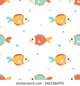 Seamless pattern with cute fishes. Sea animals. Ocean fauna. Vector illustration in flat style