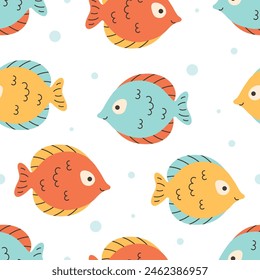 Seamless pattern with cute fishes. Sea animals. Ocean fauna. Vector illustration in flat style