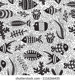 Seamless pattern with cute fishes and seaweeds in doodle style. Hand drawn vector illustrations