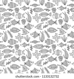 Seamless pattern with cute fishes and seaweeds in doodle style. Hand drawn vector illustrations
