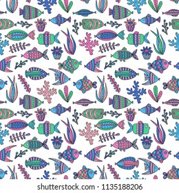Seamless pattern with cute fishes and seaweeds in doodle style. Hand drawn vector illustrations