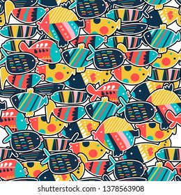 Seamless pattern of the cute fishes. set