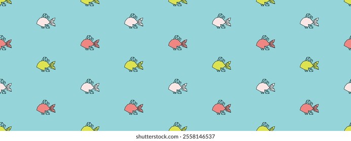 Seamless pattern with cute fishes swimming in the sea. Cartoon summer background ocean animals. Cute kid pattern with fishes