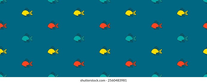 Seamless pattern with cute fishes swimming in the sea. Cartoon summer background ocean animals. Cute kid pattern with fishes