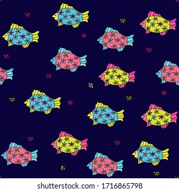 Seamless pattern with cute fishes. Vector hand-drawn illustration. Multi-colored ornamental fish in doodle style. Sea aquatic life. Background for textile, paper, baby and kid clothes, wallpaper