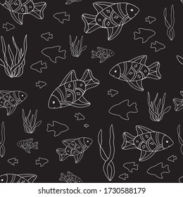 Seamless pattern with cute fishes. Vector hand-drawn illustration. White ornamental fish in doodle style on black background. Sea aquatic life. For textile, paper, baby and kid clothes, wallpaper