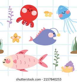 Seamless pattern of cute fish,octopus,starfish and crab cartoon.White background.Kawaii.Vector.Illustration.