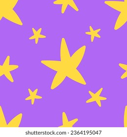 Seamless pattern of cute five-pointed stars of different sizes on a purple background. Night sky, doodle hand drawn elements, wrapping paper, background.