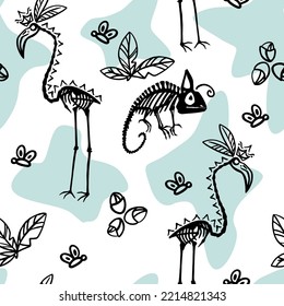 Seamless pattern with cute flamingo and chameleon skeletons, leaves, bee black line drawing print for kids textile, fabric, wallpaper, wrapping paper.