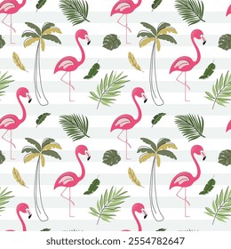 Seamless pattern with cute flamingo. Exotic birds. Childish jungle background. Tropical wallpaper.