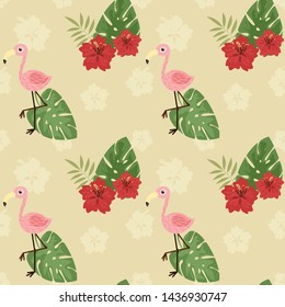 Seamless pattern cute flamingo and hibiscus flower.