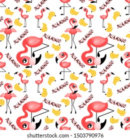 Seamless pattern with cute flamingo, lettering and bananas. Ornament with exotic birds, text and fruit on white background. Flat vector illustration.