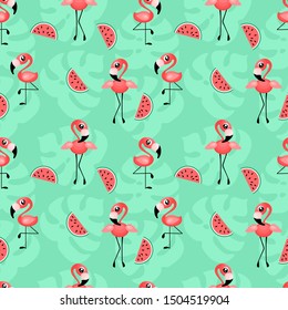 Seamless pattern with cute flamingo, monstera leaves and watermelon slices on green background. Flat vector illustration.