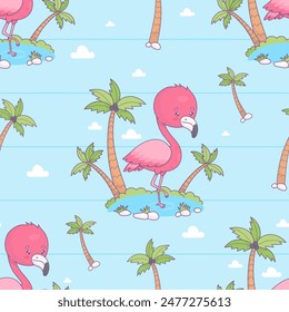 Seamless pattern with cute flamingo on tropical island with palm trees on blue striped background. Funny cartoon kawaii bird character. Vector illustration. Kids collection