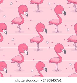 Seamless pattern with cute flamingo on pink striped background. Funny cartoon kawaii bird character. Vector illustration. Kids collection