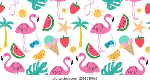 Seamless pattern of cute flamingo with slice watermelon, ice cream and tropical leaves on white background