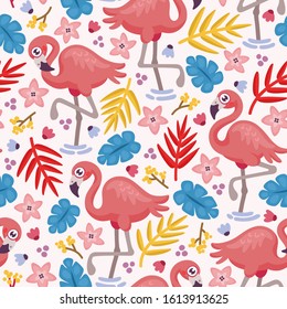 Seamless pattern with cute flamingo and tropical leaves. Perfect for kid product, fashion, fabric, textile, print, wallpaper and web design. Vector illustration
