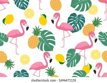 Patrón transparente de flamingo lindo con hoja tropical, limón y piña sobre fondo blanco - Ilustración vectorial