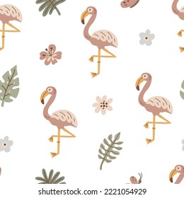 Seamless pattern with cute flamingo, tropical flowers, leaves. Vector illustration.
