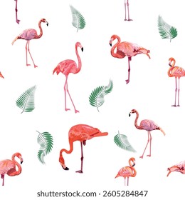 Seamless pattern with cute flamingo with tropical monstera and palm leaves, swimwear fabric.