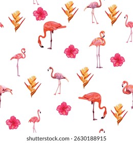 Seamless pattern with cute flamingo with tropical monstera and palm leaves, swimwear fabric.