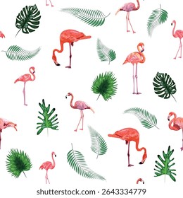 Seamless pattern with cute flamingo with tropical monstera and palm leaves, swimwear fabric