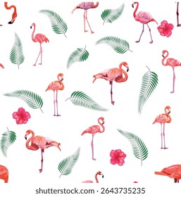 Patrón sin fisuras con flamenco lindo con monstruos tropicales y hojas de palma, tela de baño