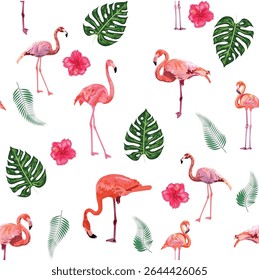 Seamless pattern with cute flamingo with tropical monstera and palm leaves, swimwear fabric