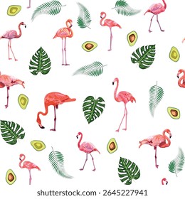 Patrón sin fisuras con flamenco lindo con monstruos tropicales y hojas de palma, tela de baño