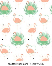 Seamless pattern with cute flamingos. Exotic pink flamingos with palm leaves on white background with dots and hearts. Summer pattern with tropical birds. Simple repeated flamingos perfect for fabric