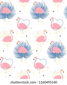 Seamless pattern with cute flamingos. Exotic pink flamingos with palm leaves on white background with dots and hearts. Summer pattern with tropical birds. Simple repeated flamingos perfect for fabric