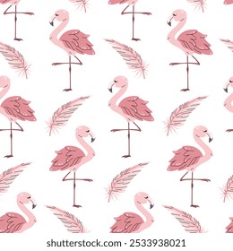 Seamless pattern with cute flamingos in flat style. Repeating background with tropical birds. Children's illustration for fabric, wallpaper, wrapping paper, scrapbooking, etc.