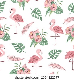 Seamless pattern with cute flamingos in flat style. Repeating background with tropical birds, hibiscus and leaves. Children's illustration for fabric, wallpaper, wrapping paper, scrapbooking, etc.