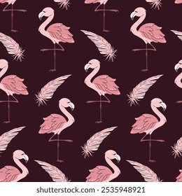 Seamless pattern with cute flamingos in flat style. Repeating background with tropical birds. Children's illustration for fabric, wallpaper, wrapping paper, scrapbooking, etc.