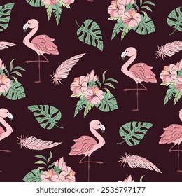 Seamless pattern with cute flamingos in flat style. Repeating background with tropical birds, hibiscus and leaves. Children's illustration for fabric, wallpaper, wrapping paper, scrapbooking, etc.