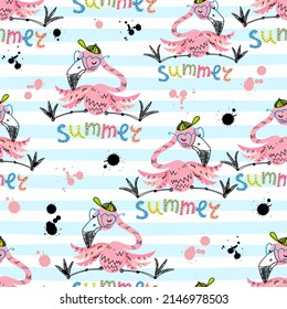Seamless pattern with cute flamingos on striped background. Summer motifs. Vector.