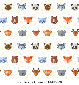 Seamless pattern with cute flat animals portraits for children clothes, kids fabric prints, web shop backgrounds