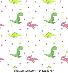Seamless pattern with cute flat dinosaures. Childish flat background. Paw print.