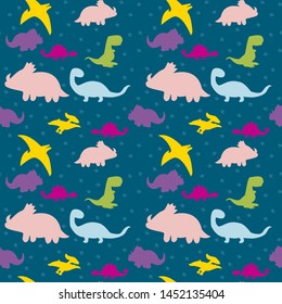 Seamless pattern with cute flat dinosaures. Childish flat background. Paw print.