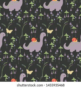 Seamless pattern with cute flat dinosaures. Childish flat background.