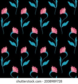 Seamless pattern with cute flat flower. Hand drawn vector illustration on black background. Texture for print, fabric, textile, wallpaper.