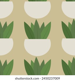 seamless pattern of cute flat flower plant in an unusual shaped pot on the beige background