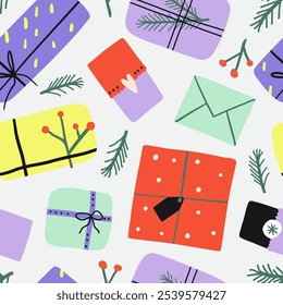 Seamless pattern with cute flat gift boxes and pine tree. Decorative doodle presents. Happy winter holidays. Merry Christmas, New Year Celebration. Vector hand drawn texture for textile, paper