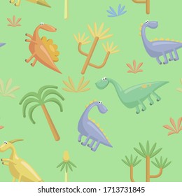 Seamless pattern of cute flat vector dinosaurs Seamless pattern of cute flat vector dinosaurs on a green background.