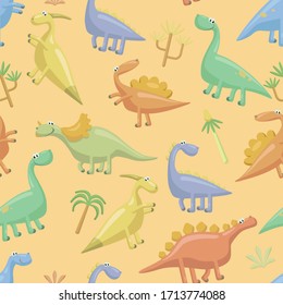 Seamless pattern of cute flat vector dinosaurs on an orange background.