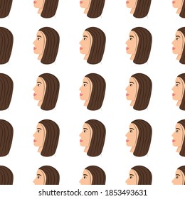 Patrón sin foco con un lindo avatar de chica impecable sobre un fondo blanco. Perfil de una joven en vista lateral en estilo plano. Felices caras relajadas de la gente.
Ilustración vectorial de stock para diseño