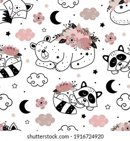 seamless pattern with cute floral animals