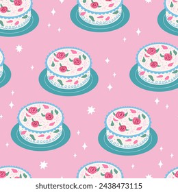 Seamless pattern with cute floral cakes. Birthday or wedding cakes with roses. Vector flat background