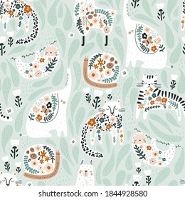 Seamless pattern with cute floral elephant, llama, sloth, tiger, cheetah, snail. Creative blooming texture. Great for fabric, textile Vector Illustration